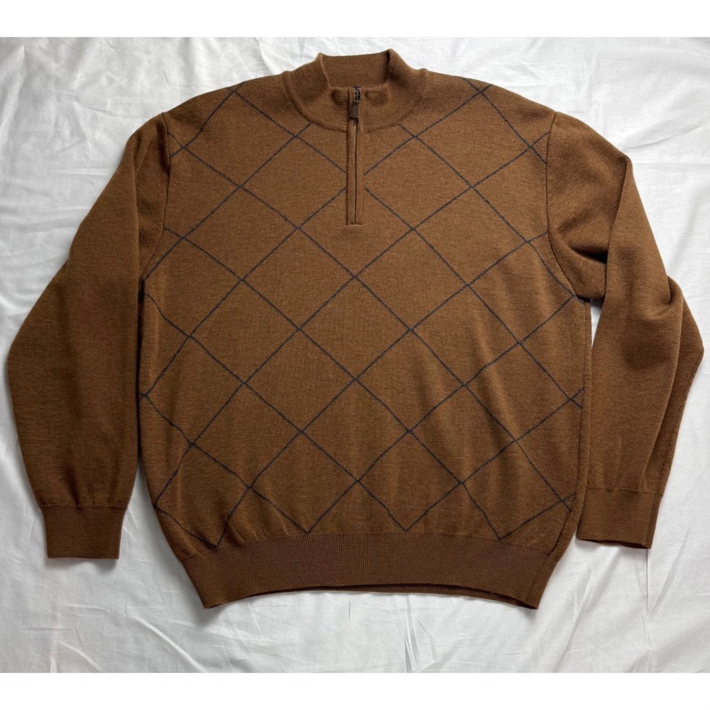 SCOTT BARBER Argyle 1/4 Zip Sweater Men's L Brown Merino Wool Made in Italy